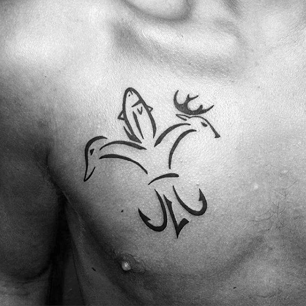 Deer And Fish Fleur De Lis With Hooks Mens Chest Tattoos