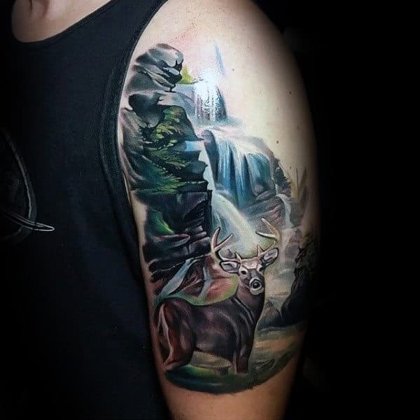 Deer In Forest Waterfall Upper Arm Tattoo For Males
