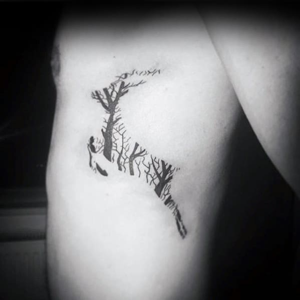 Deer Jumping With Trees Mens Simple Rib Cage Side Tattoos