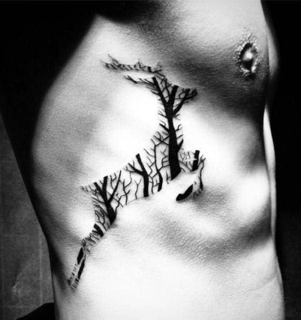 Deer Jumping With Trees Silhouette Mens Rib Cage Side Tattoos