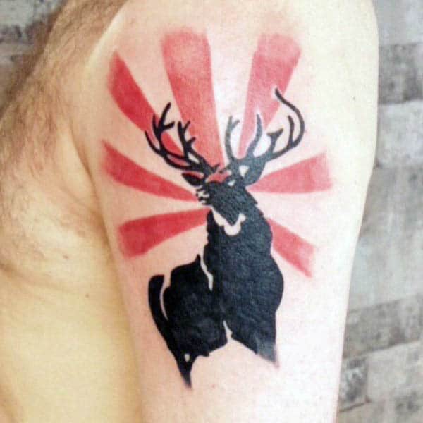 Deer Silhouette Mens Upper Arm Tattoo With Rising Sun Design