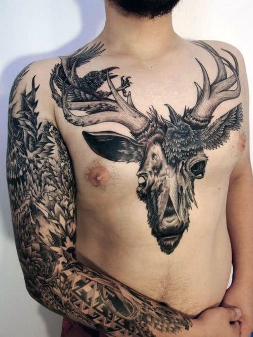 Deer Skull Antler Chest Tattoos For Guys