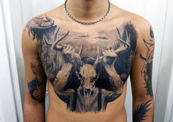 Deer Skull Creative Guys Chest Tattoos
