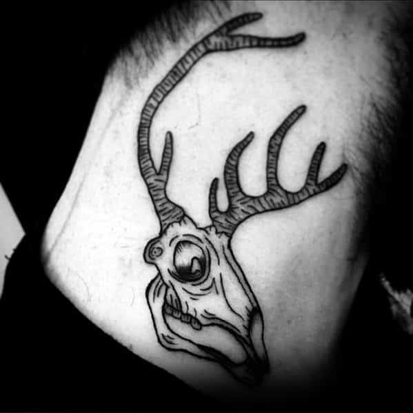 Deer Skull With Antlers Guys Small Neck Tattoo