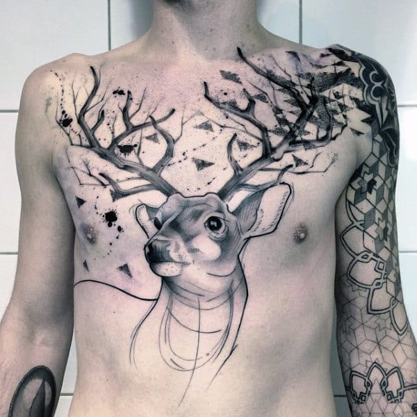 Deer With Antlers Male Brush Stroke Chest Tattoos