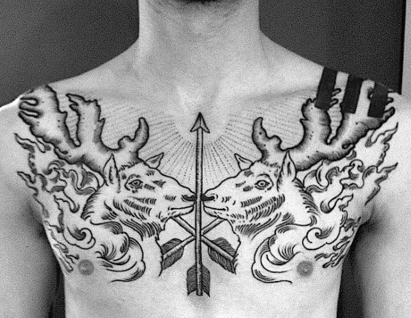 Deer With Arrow Traditional Male Chest Tattoo Ideas
