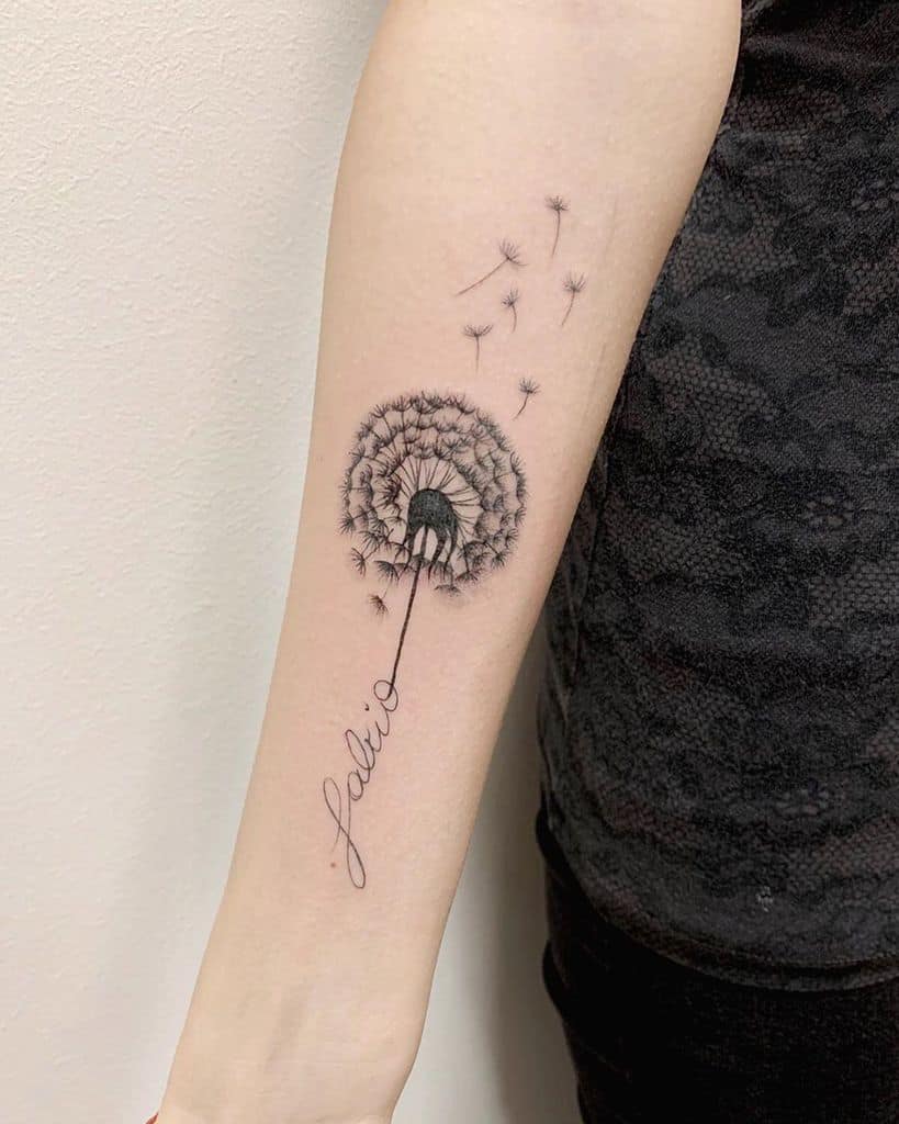 delicate fine linedandelion tattoo with quote