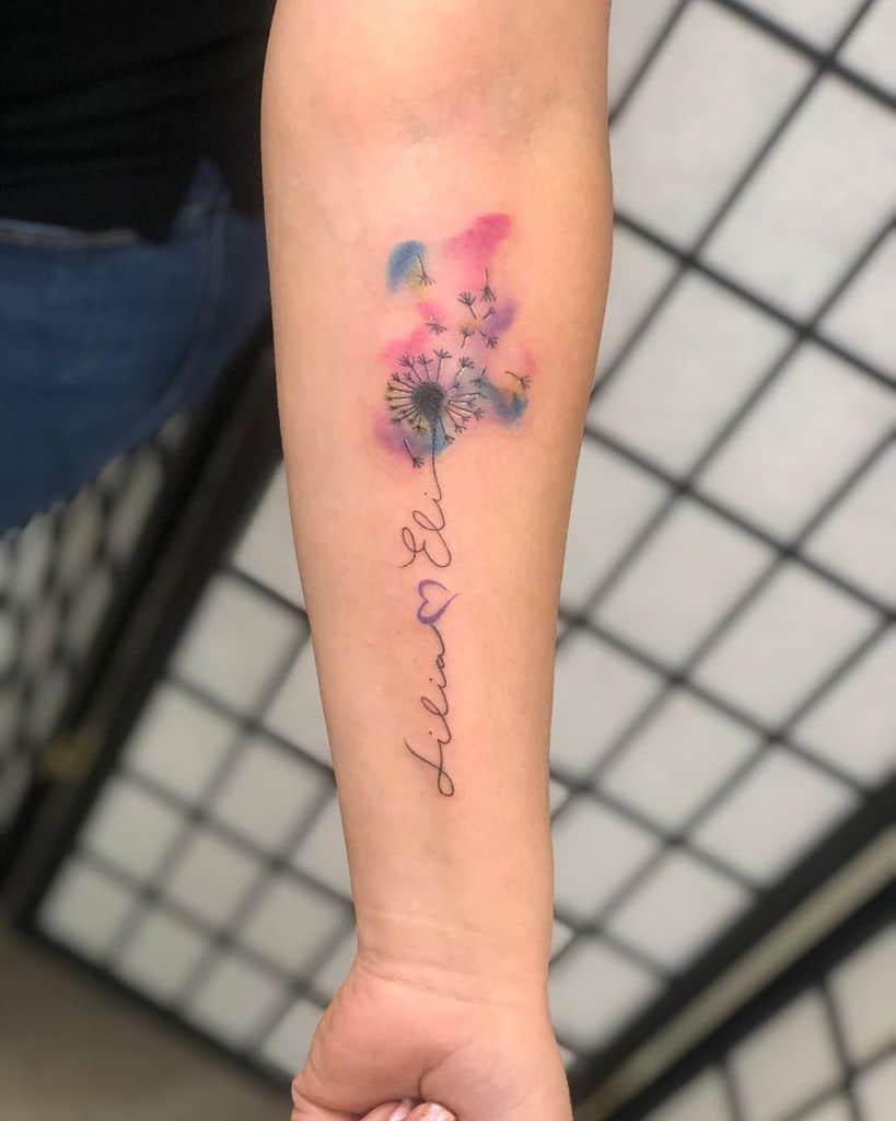 delicate watercolor dandelion tattoo with script