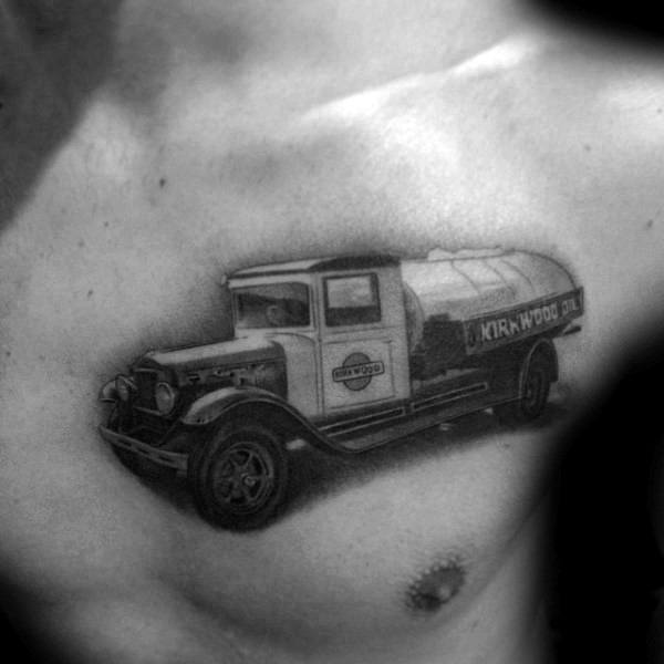 Delivery Truck Mens Vintage Upper Chest Tattoo With Realistic Design
