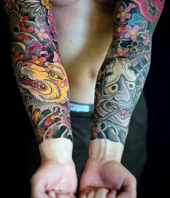 Demon Mask Cherry Blossom Guys Sleeves Tattoos Forearms
