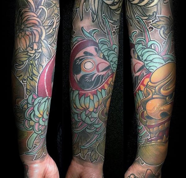 Demon Mask Chrysanthemum Mens Forearm Sleeve Tattoos