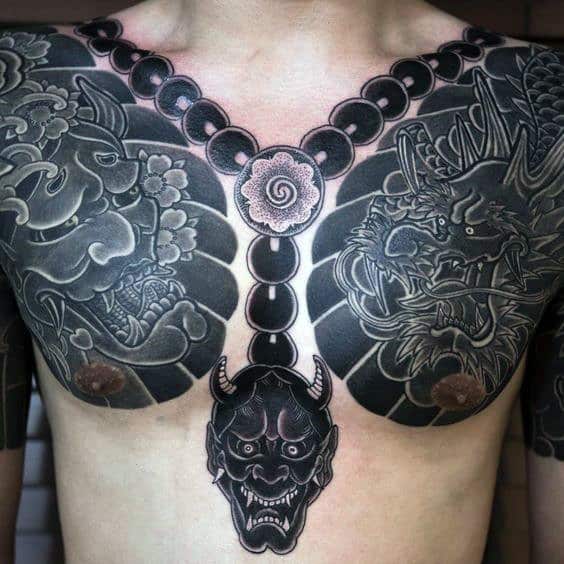 Demon Mask Necklace Guys Japanese Chest Tattoo