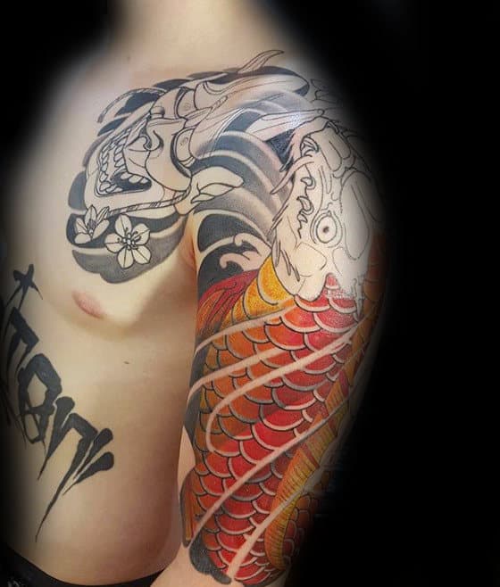 Demon Mask With Orange And Yellow Koi Dragon Male Half Sleeve Tattoos