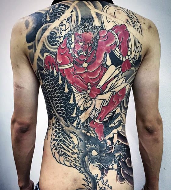 Demon With Dragon Guys Japanese Full Back Tattoo