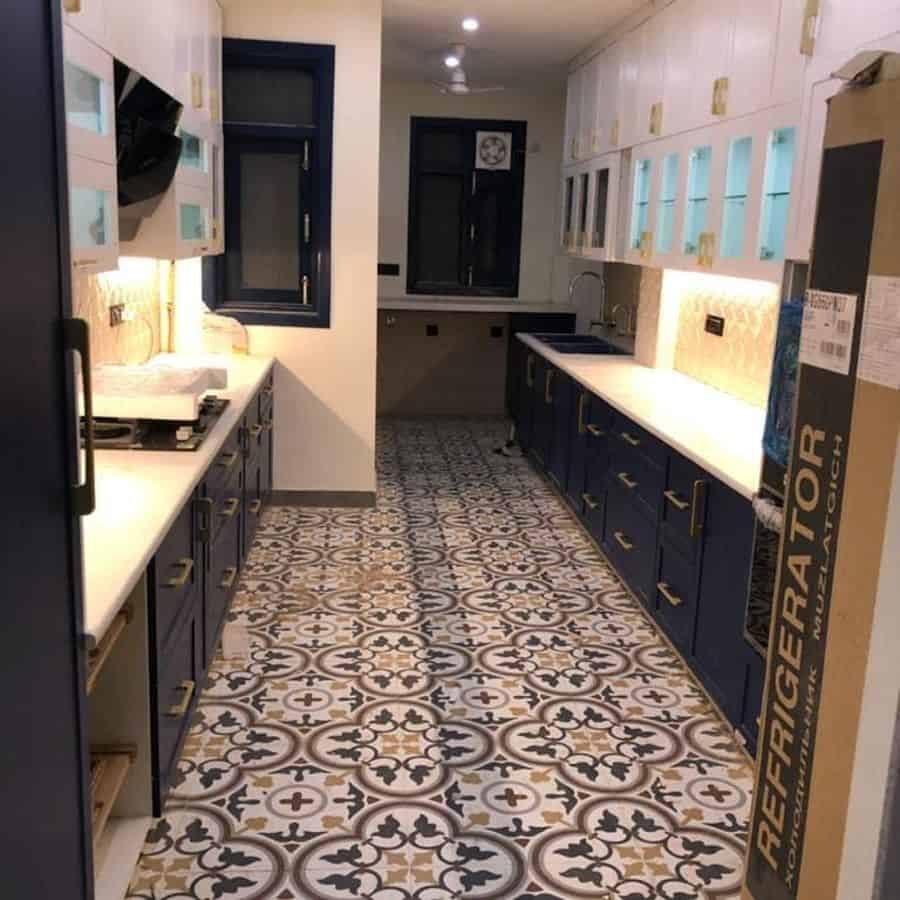 pattern design floor tiles blue cabinet kitchen