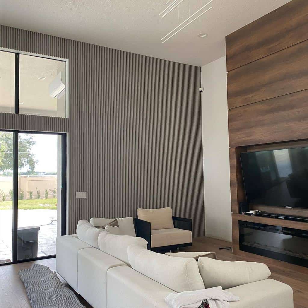 wood wall paneling modern living room white sofa 