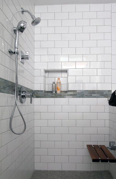 white tile shower with bench seat 