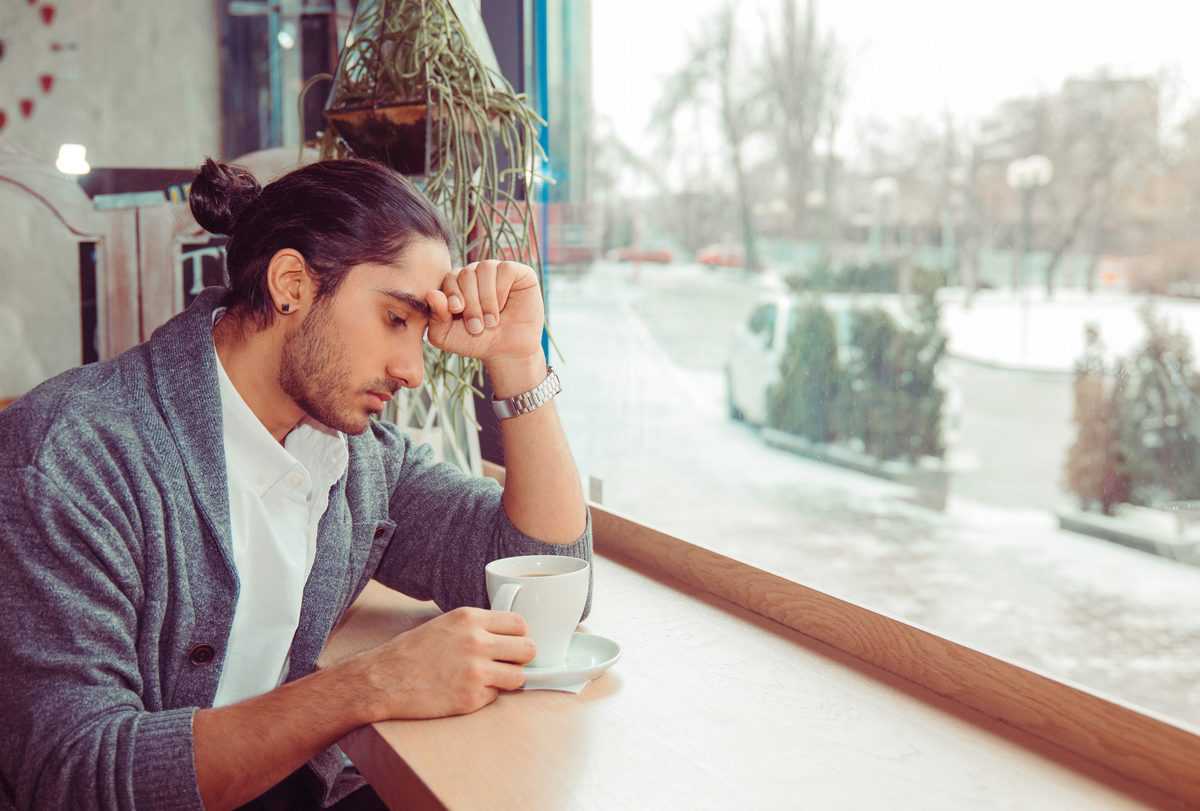 Stress.,Portrait,Stressed,Sad,Young,Man,With,Coffee,Cup,Sitting