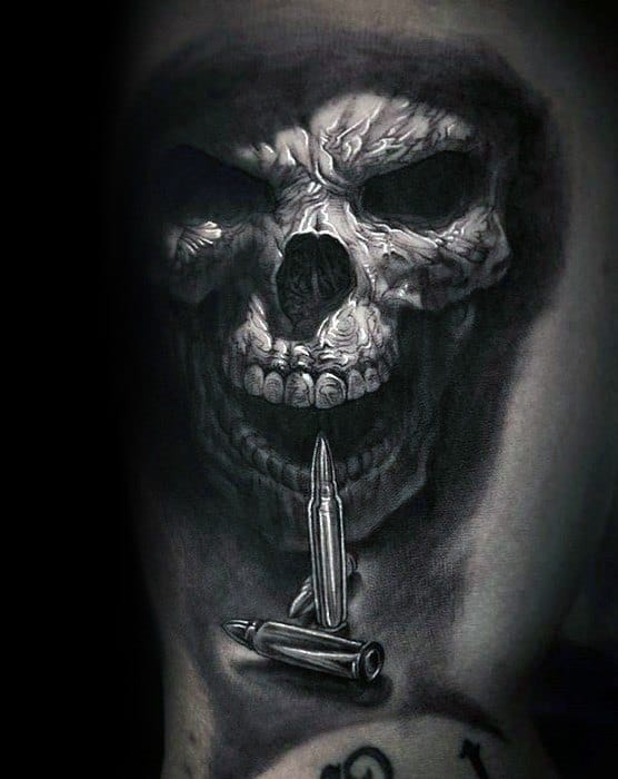 Detailed 3d Realistic Guys Unique Skull With Bullets Arm Tattoo