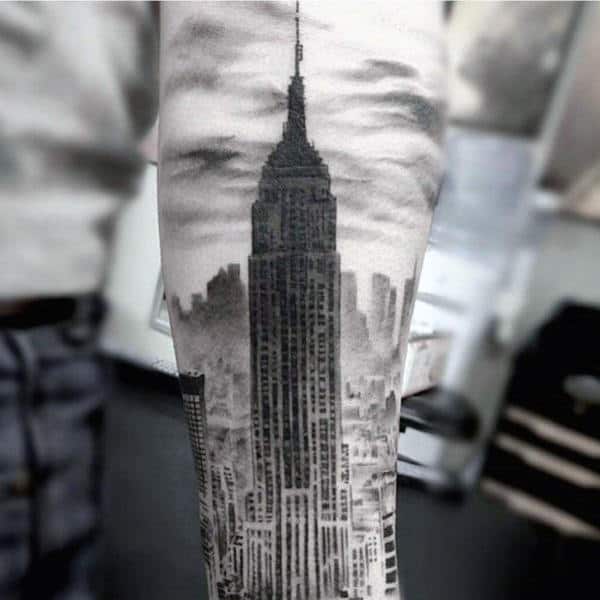 Detailed Amazing Guys Empire State Building Sleeve Tattoo
