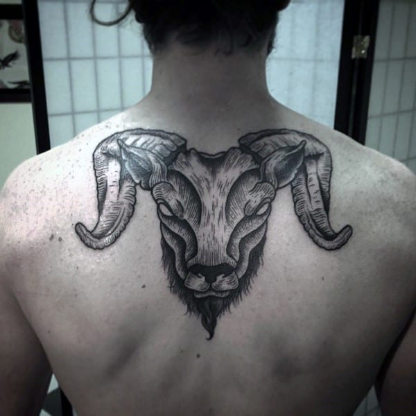 Detailed Aries Mens Upper Back Tattoos