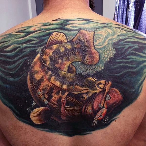 Detailed Backpiece For Man Of Bass Fish In Deep Blue Water