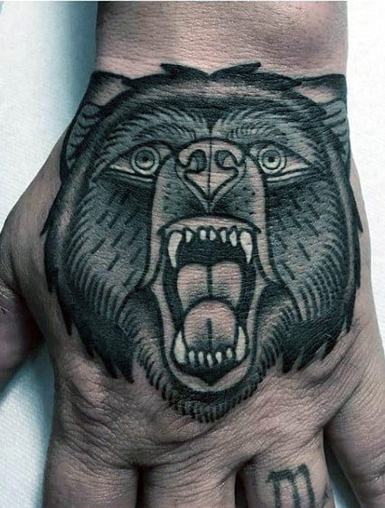 Detailed Bear Traditional Male Hand Tattoo