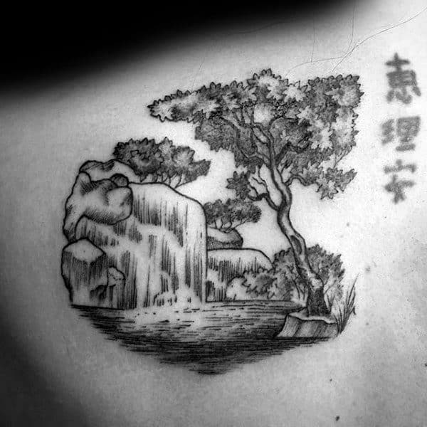 Detailed Black And Grey Japanese Guys Waterfall Back Tattoo