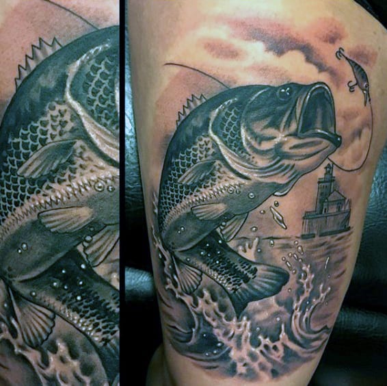 Detailed Black And White Sepia Bass Fish Jumping Tattoo On Man