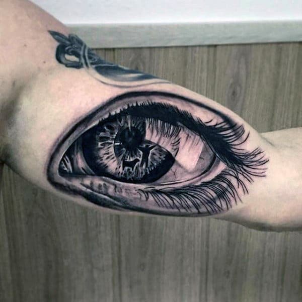 Detailed Black Eye With Man And Beast Tattoo Mens Arms