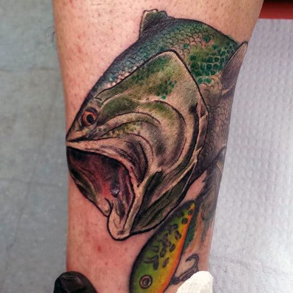 Detailed Calf Tattoo For Men Of Bass And Hook