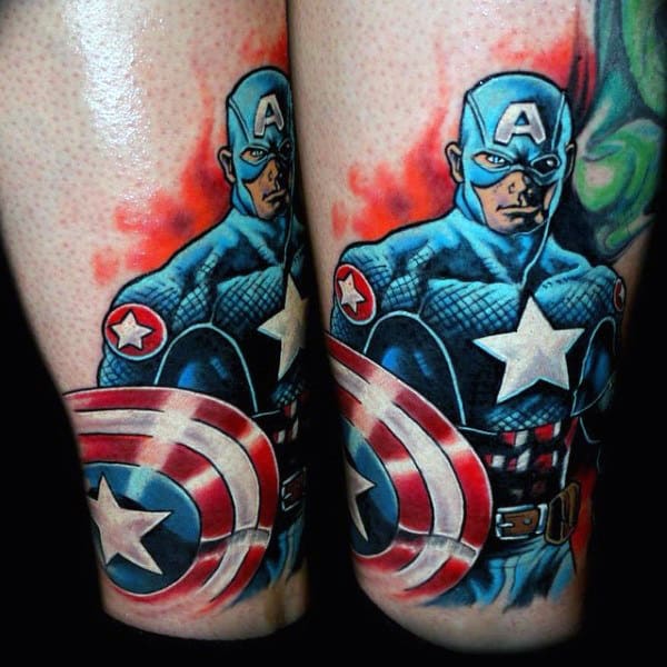 Detailed Captain America Mens Leg Tattoo