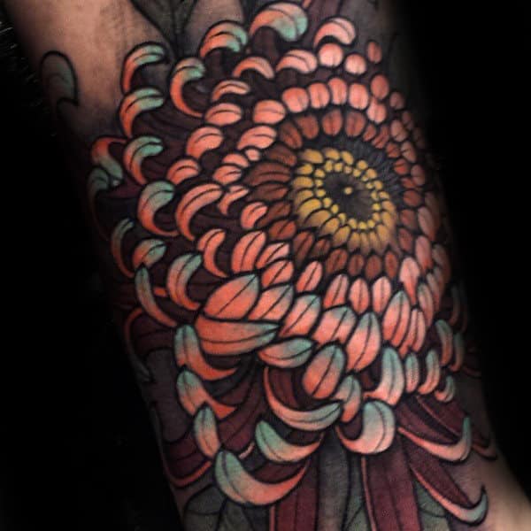 Detailed Colorful Chrysanthemum 3d Mens Arm Tattoo