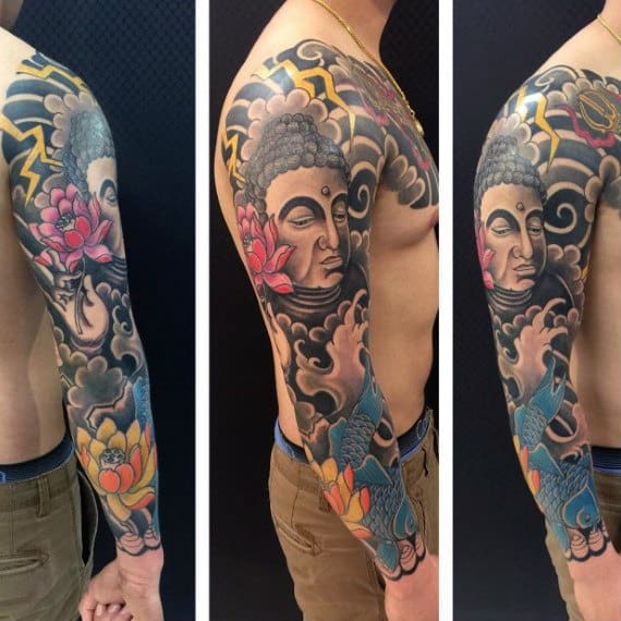 Detailed Colorful Religious Buddha Tattoo For Men On Arms