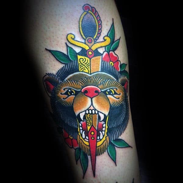 Detailed Dagger Traditional Bear Mens Arm Tattoo Inspiration