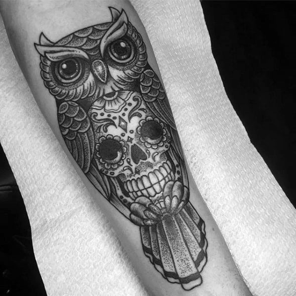 Detailed Day Of The Dead Skull With Owl Guys Inner Forearm Tattoo