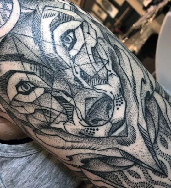 Detailed Dotwork Male Geometric Wolf Tattoo On Upper Arm