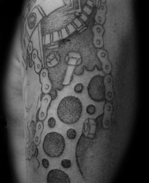 Detailed Dotwork Mens Sprocket Negative Space Arm Tattoo