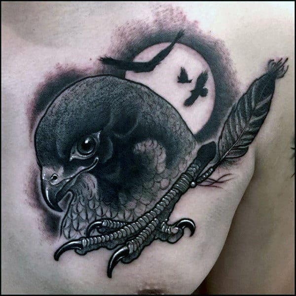 Detailed Falcon Moon And Feather Chest Tattoos For Men