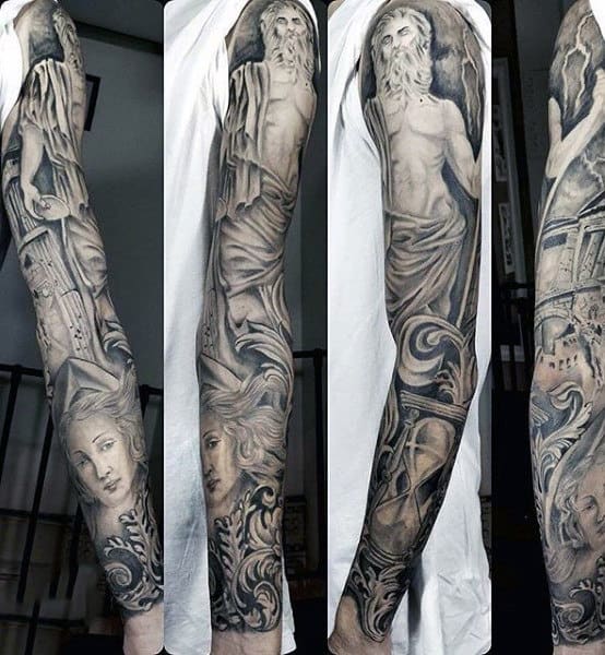 detailed full sleeve greek myth tattoos for men