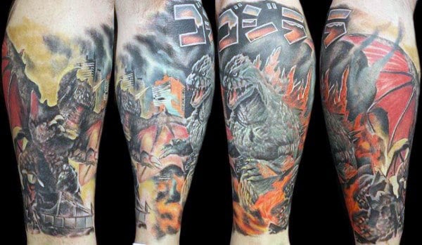 Detailed Godzilla Scene With Fire Tattoo On Guy