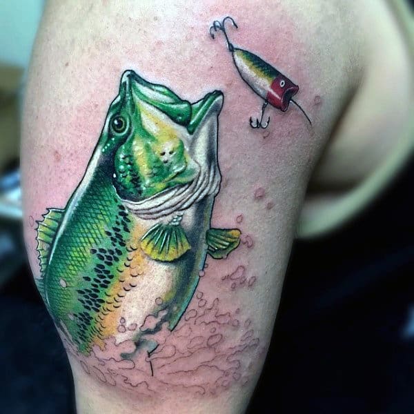 Detailed Green Bass Bicep Tattoo Inspiration