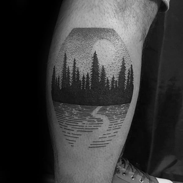 Detailed Leg Calf Tree Forest Small Tattoo Ideas For Men