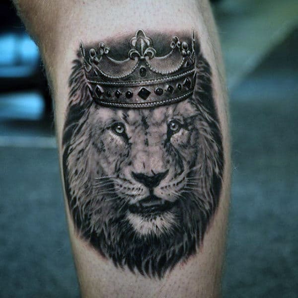 Detailed Lion With Crown Guys Leg Calf Tattoo