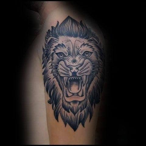 Detailed Male Traditional Arm Tattoo Design With Lion