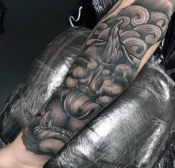 Detailed Mens 3d Shaded Japanese Demon Forearm Sleeve Tattoo