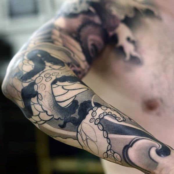 Detailed Mens Japanese Octopus Tentacles Sleeve Tattoo