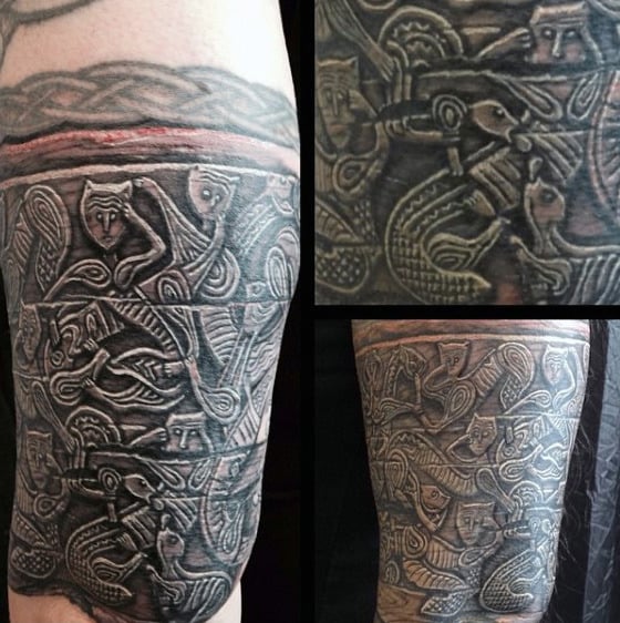 Detailed Mens Wood Carving Arm Tattoos