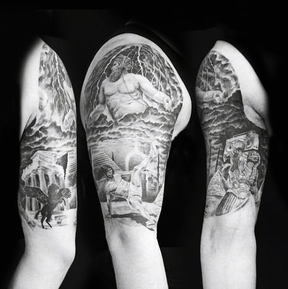 detailed mythology tattoo on upper arms for guys