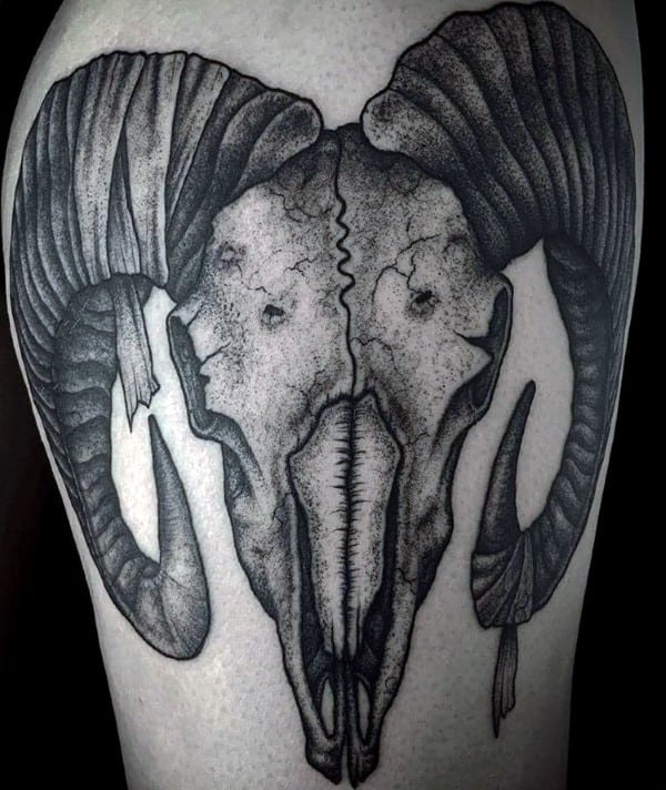Detailed Ram Skull Male Aries Tattoo On Leg